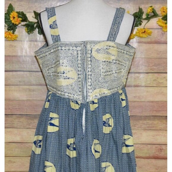 Hand Made Blue & Beige Nautical Coastal Sundress Size L Embroidered Bird Pattern - Picture 10 of 14